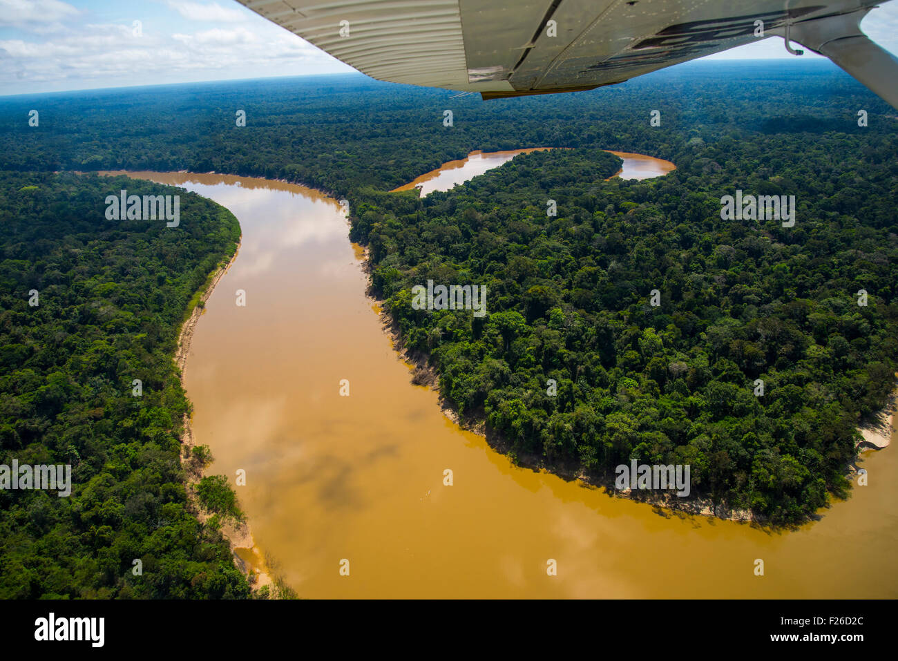 Regenwald-Antenne, Yavari Fluss und Oxbow See und primären Amazonas-Regenwald, Brasilien am linken Ufer, Peru rechts Stockfoto