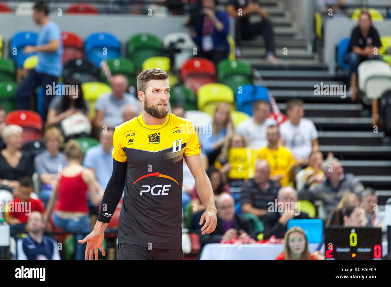 Kupfer-Box Arena, London, UK. 12. Sept. 2015. PGE Skra Spieler Andrzej Wrona. PGE Skra Bełchatów schlagen IBB Polonia 25: 11, 25: 20, 25:22. Bildnachweis: Imageplotter/Alamy Live-Nachrichten Stockfoto