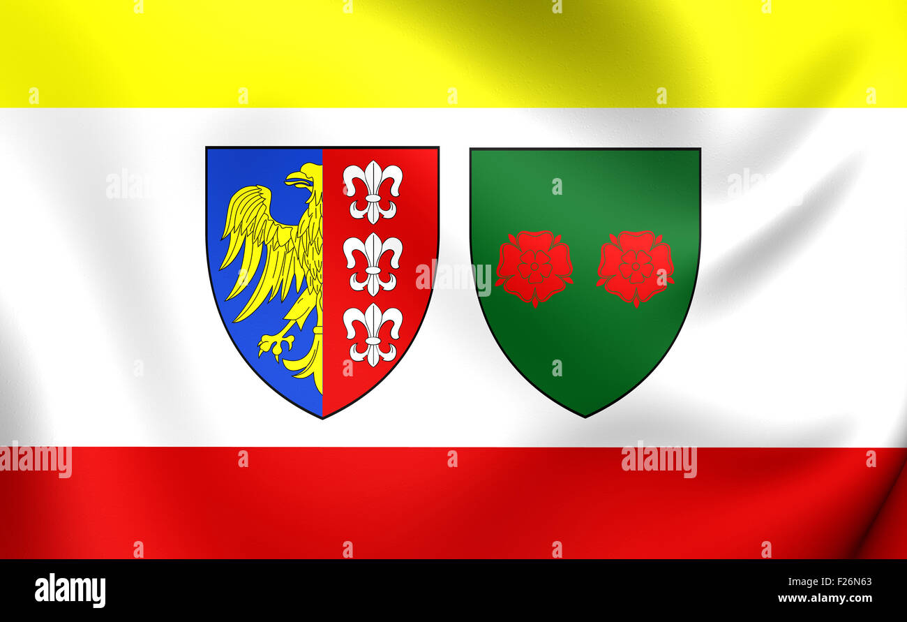 3D Flagge der Stadt Bielsko-Biala, Polen. Hautnah. Stockfoto