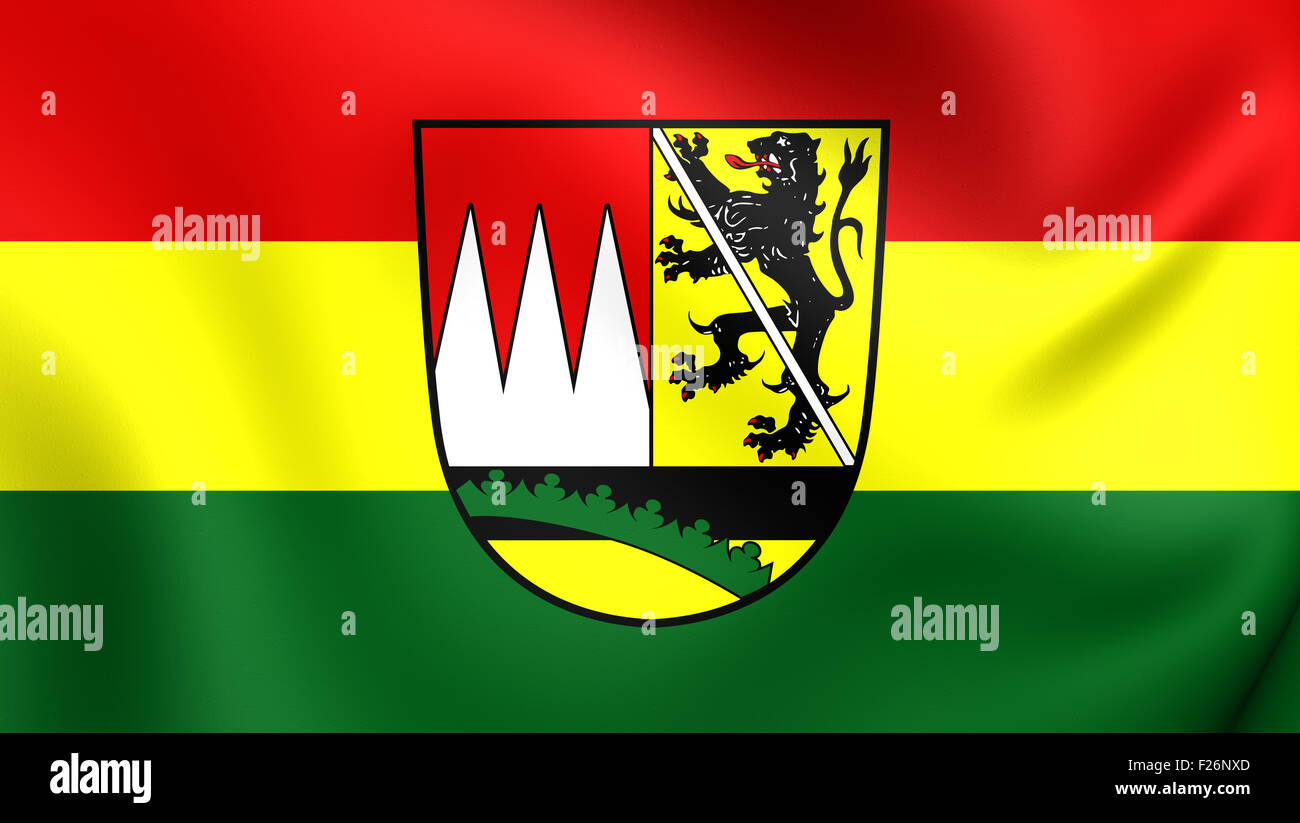 3D Flagge Hassberge Bezirk, Deutschland. Hautnah. Stockfoto