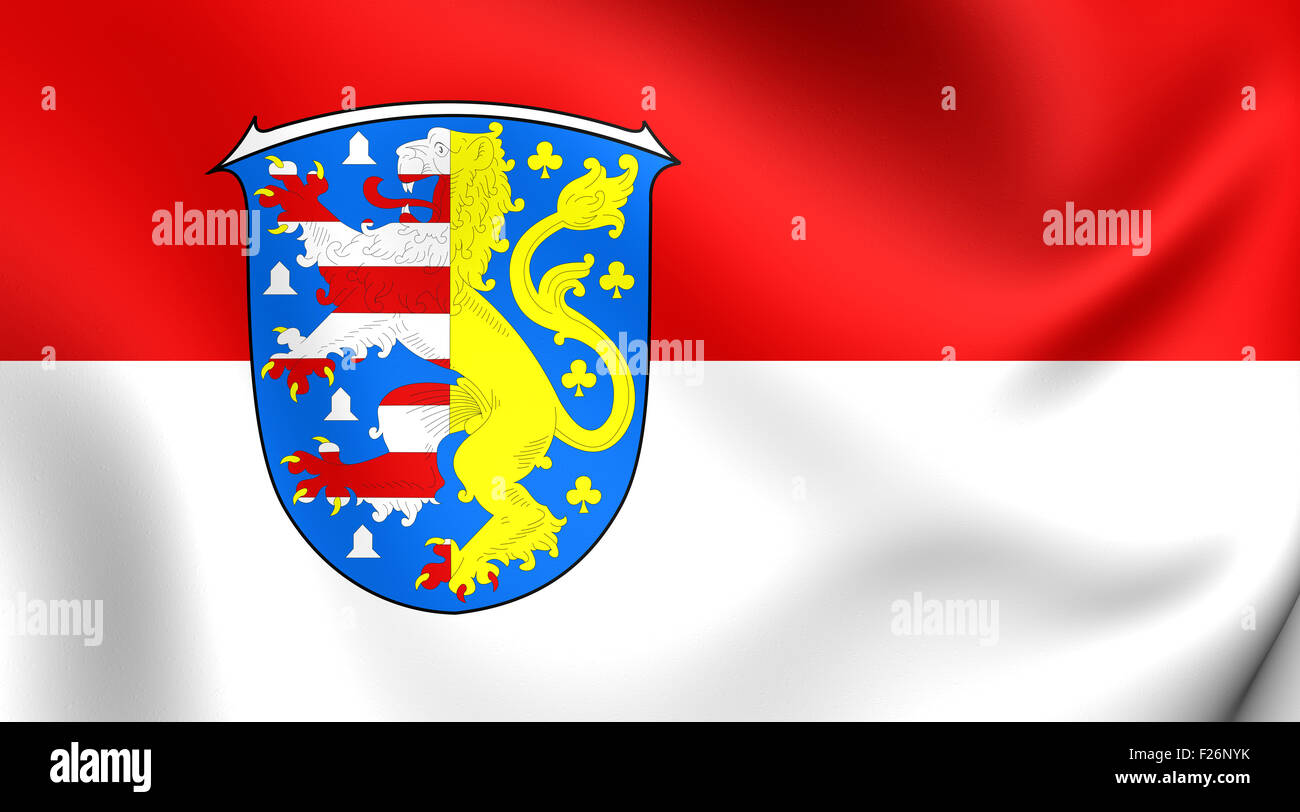 3D Flagge der Hochtaunuskreis, Deutschland. Hautnah. Stockfoto