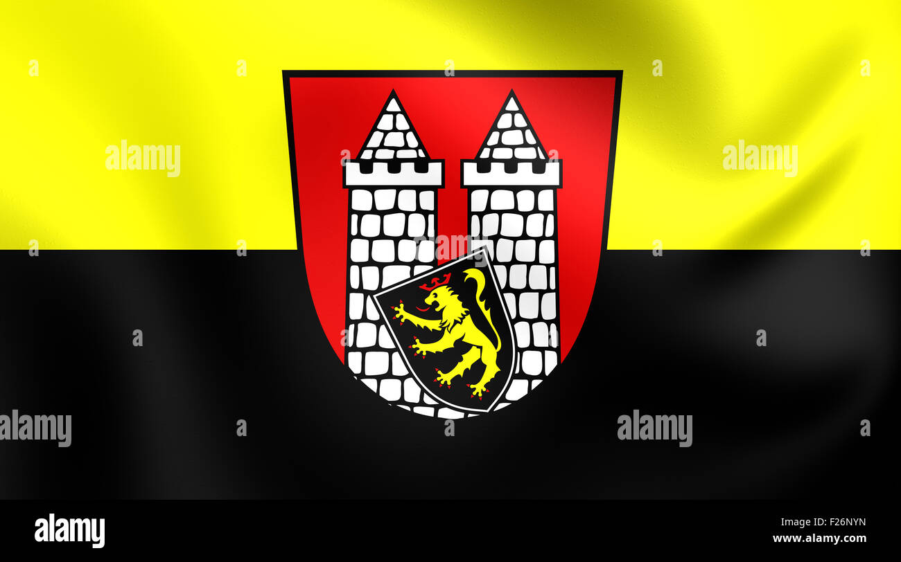 3D Flagge der Stadt Hof, Bayern, Deutschland. Hautnah. Stockfoto