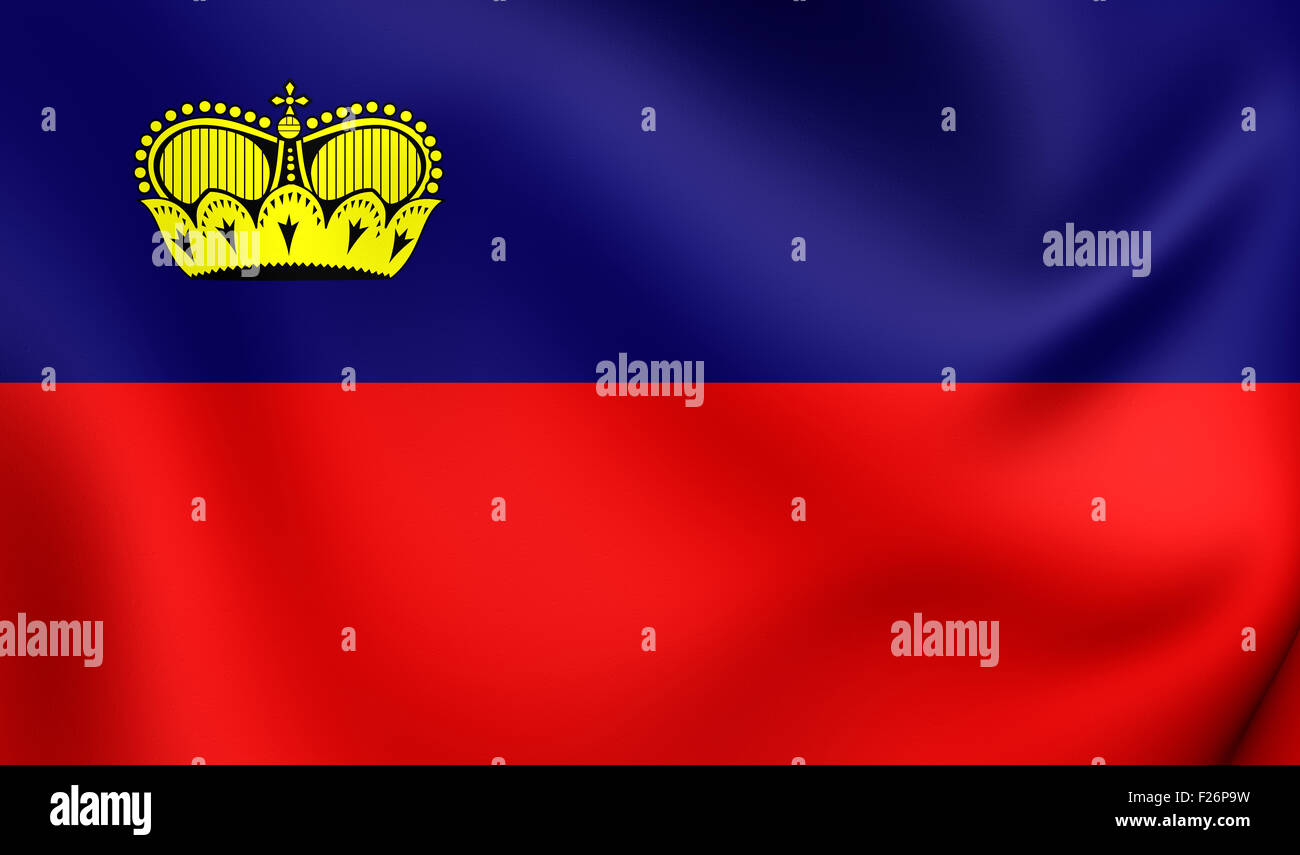 3D Flagge des Liechtenstein. Hautnah. Stockfoto