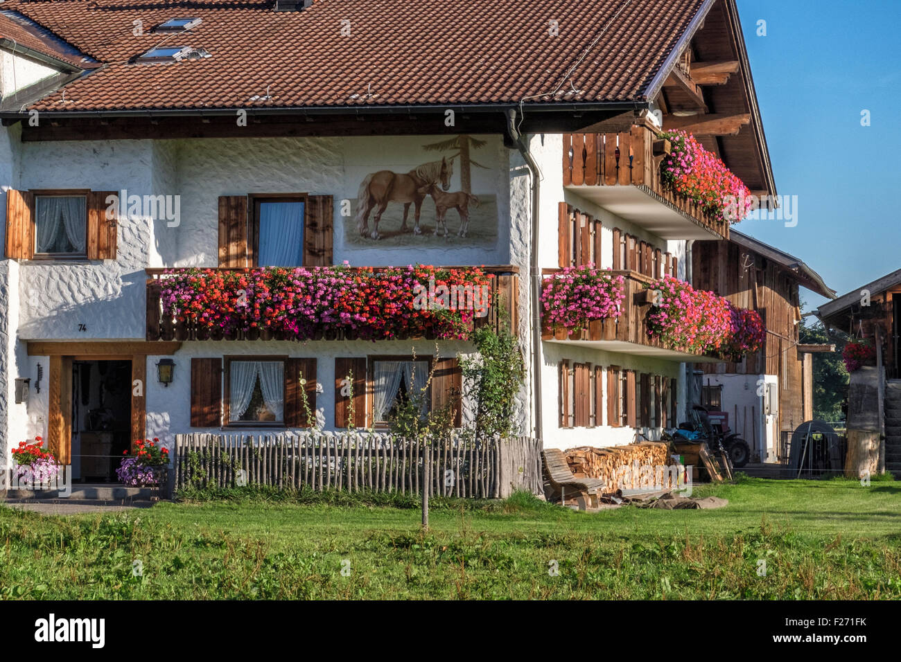 Typisch bayerisches Bauernhaus mit hölzernen Fensterläden, Fenster, Blumentöpfe und Wandmalerei der Pferde, Bayern, Deutschland Stockfoto