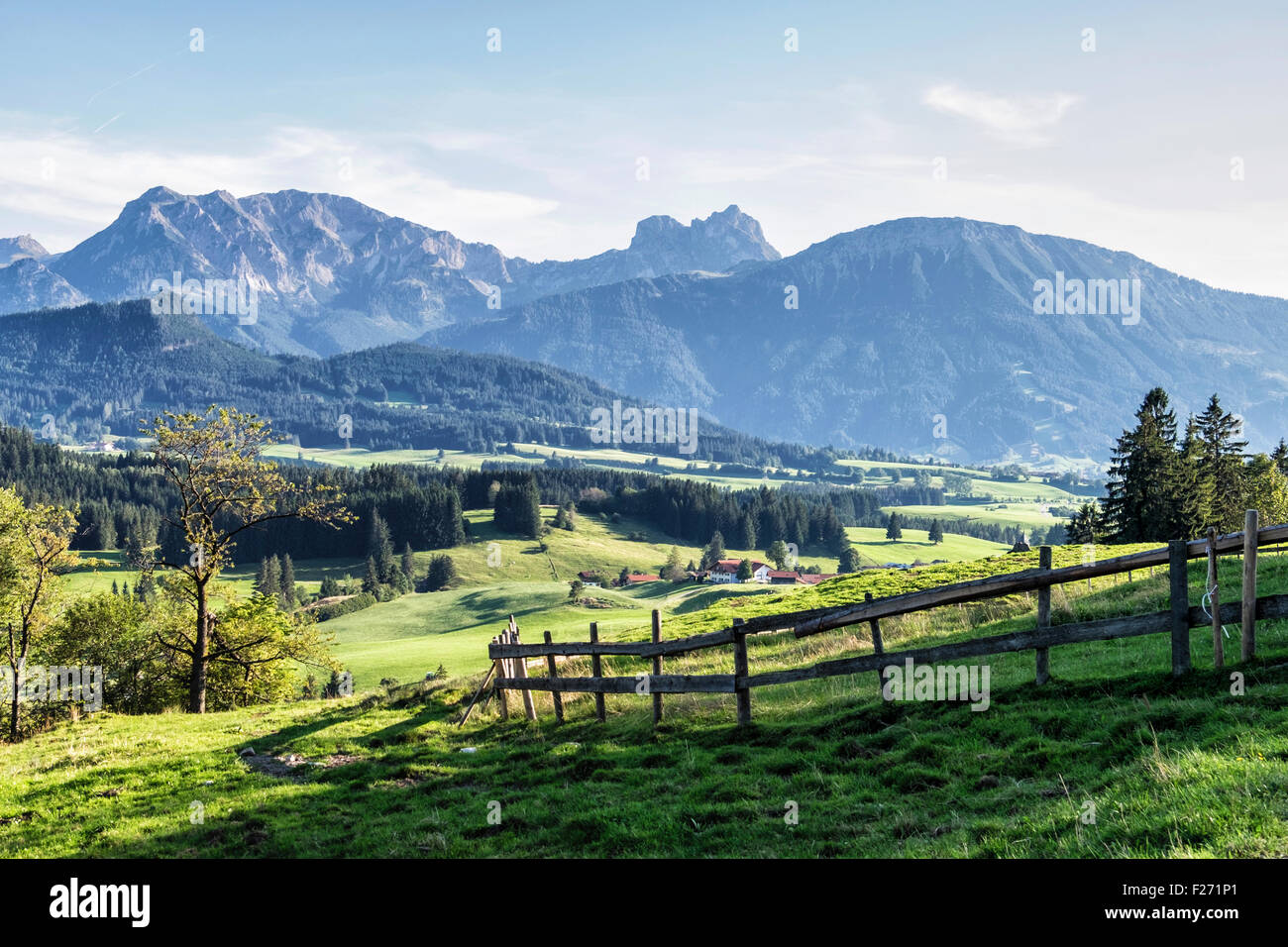 Bayerische Alpen, Bauernhof, hügelige Wiesen und Bäume im Tal, Eisenberg, Bayern, Deutschland Stockfoto