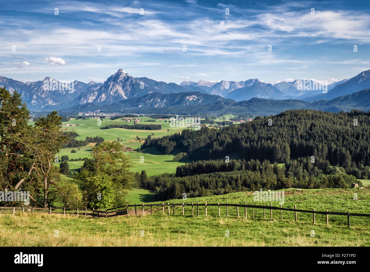 Bayerische Alpen, Bauernhof, hügelige Wiesen und Bäume im Tal, Eisenberg, Bayern, Deutschland Stockfoto
