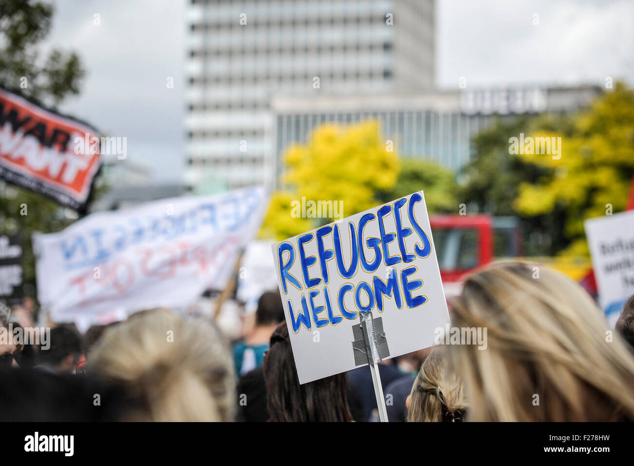 Eine Demonstration zur Unterstützung von Flüchtlingen und Migranten in London. Stockfoto