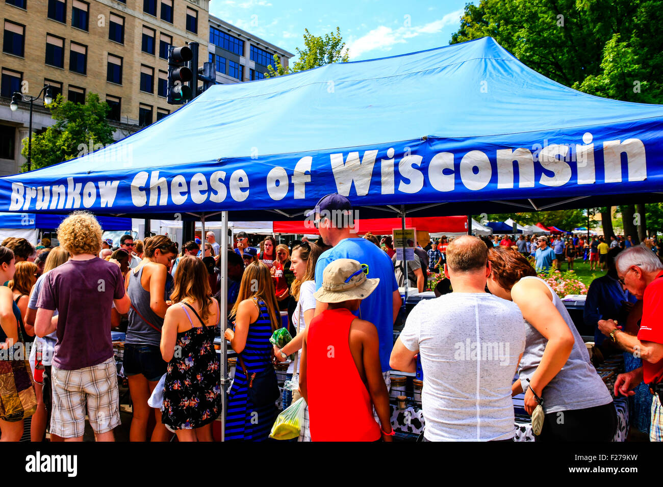 Brunkow Käse Wisconsin Farmers Market-Stall in der Innenstadt von Madison Wisconsin Stockfoto
