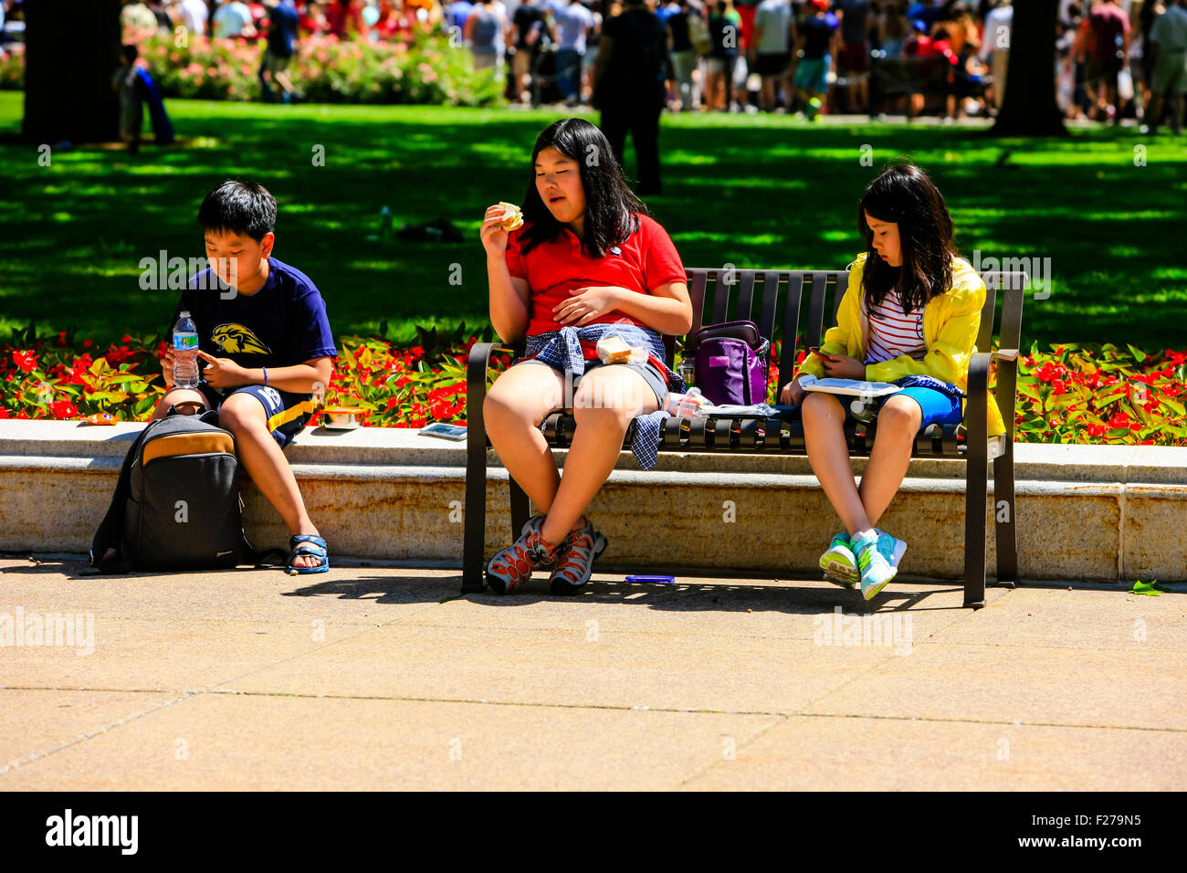 Asiatische Kinder sitzen im Park Essen Fast Food an einem Sommertag in Madison Wisconsin Stockfoto