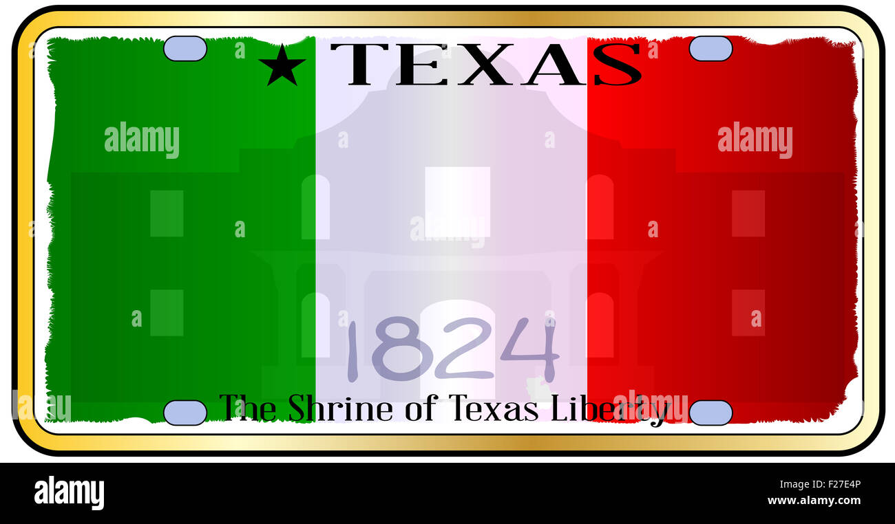 Texas Zustand-Nummernschild mit Alamo Flagge Hintergrund Stockfoto