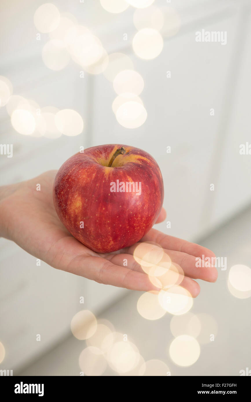 Nahaufnahme von roten Apfel auf Frau Palm, München, Bayern, Deutschland Stockfoto