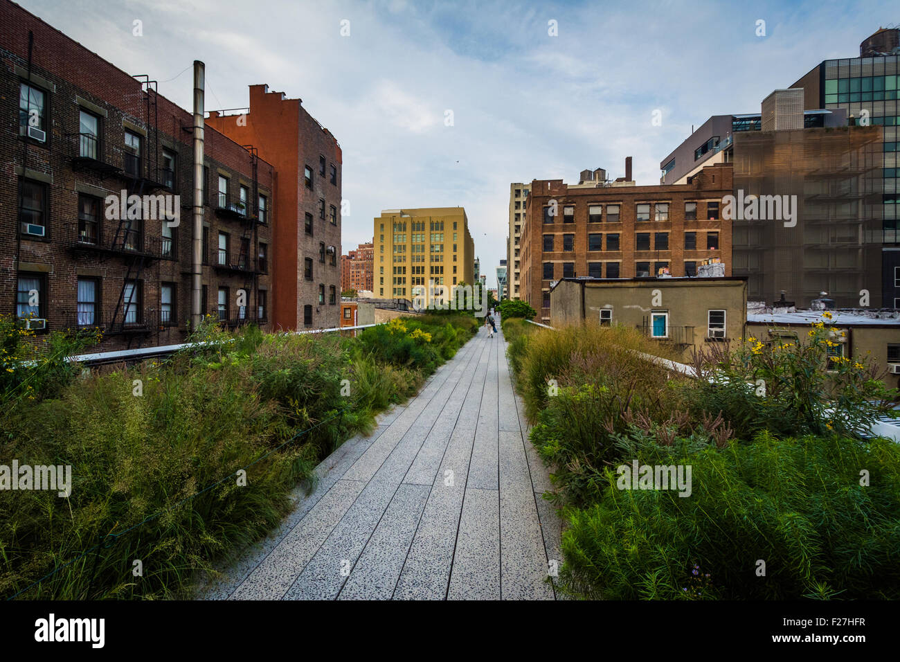 Gebäude und Gehweg auf der High Line, in Chelsea, Manhattan, New York. Stockfoto