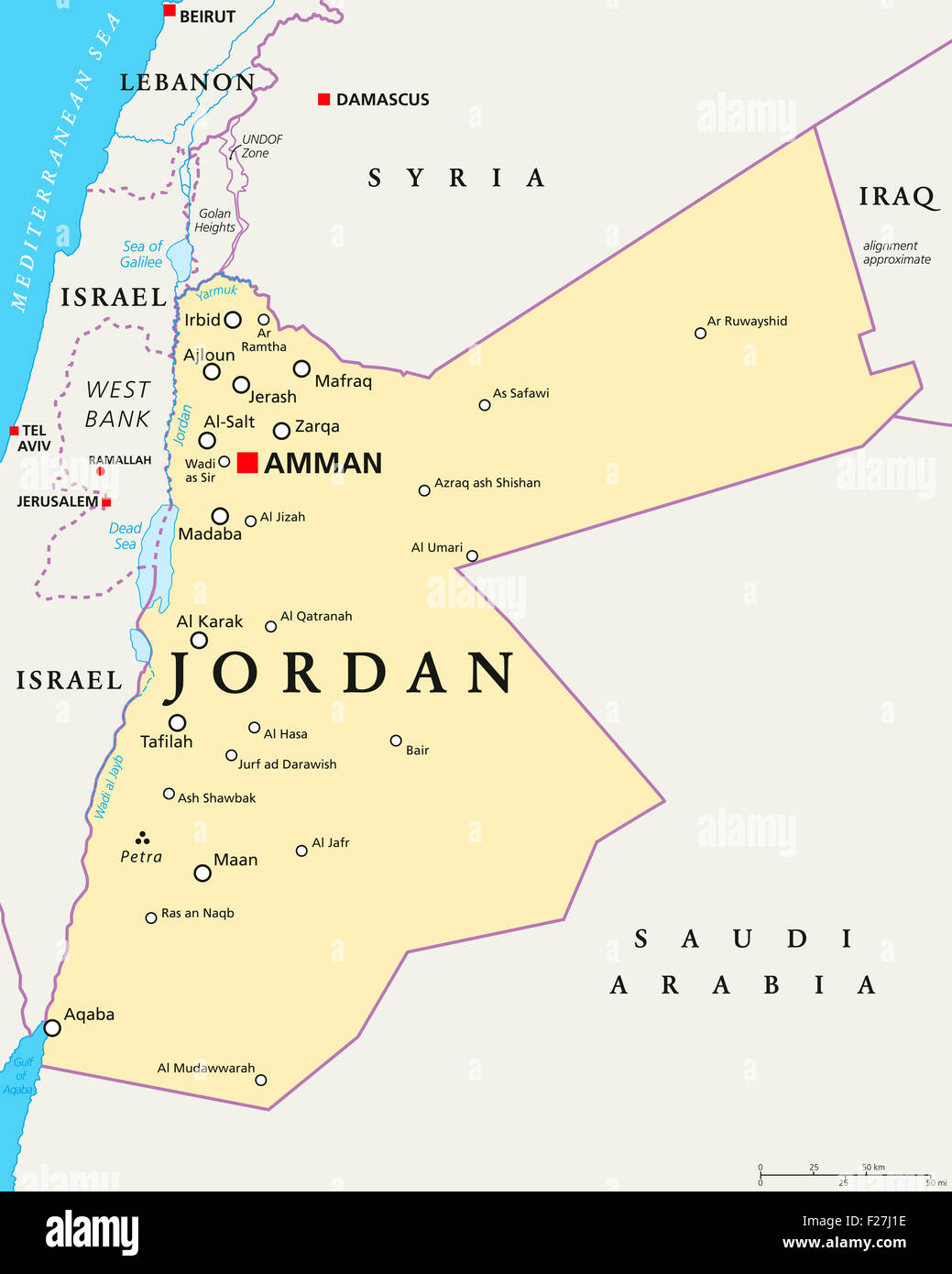 Jordan politische Karte mit Hauptstadt Amman, Landesgrenzen, wichtige Städte, Flüsse und Seen. Englische Beschriftung und Skalierung. Stockfoto