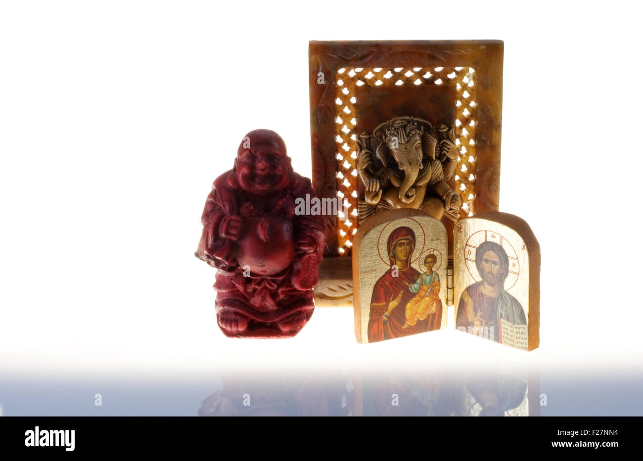 Jungfrau Maria, Jesus, Buddha und Shiva Symbole auf weiß Stockfoto