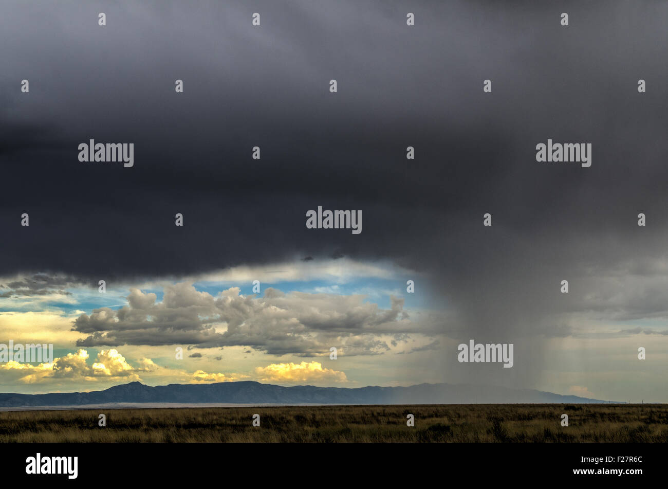 Monsun-Regen-Sturm südlich von Albuquerque, Manzano Berge im Hintergrund, New Mexico, USA. Stockfoto