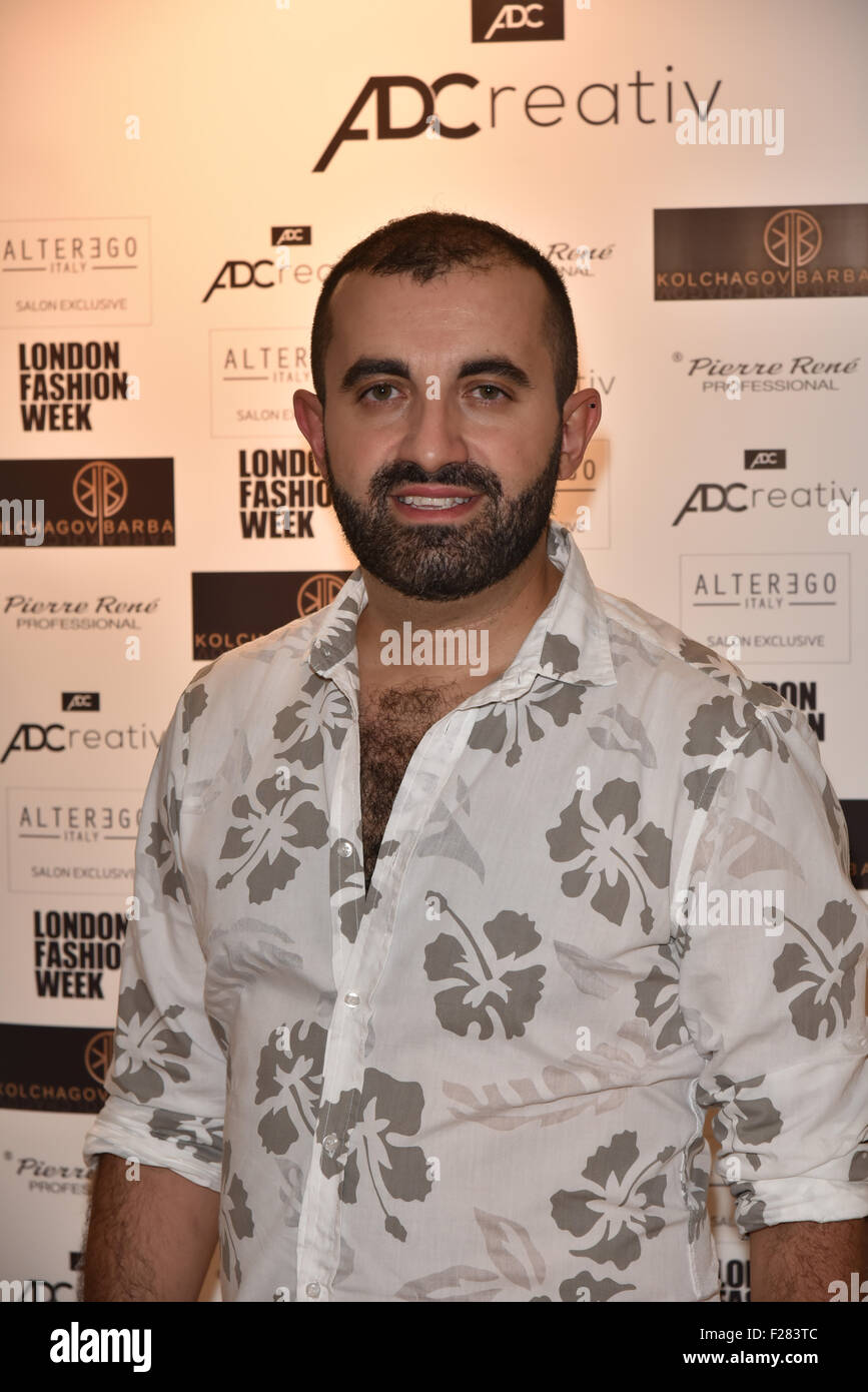 London, UK. 18. September 2015. Designer Swetoslaw Kolchagov besucht die Gemma Oaten Laufsteg-Debüt die aktuelle Kollektion von Kolchagov und Barba mit einer Modenschau im Melia White House, London. Foto von siehe Li / Alamy Live News Stockfoto