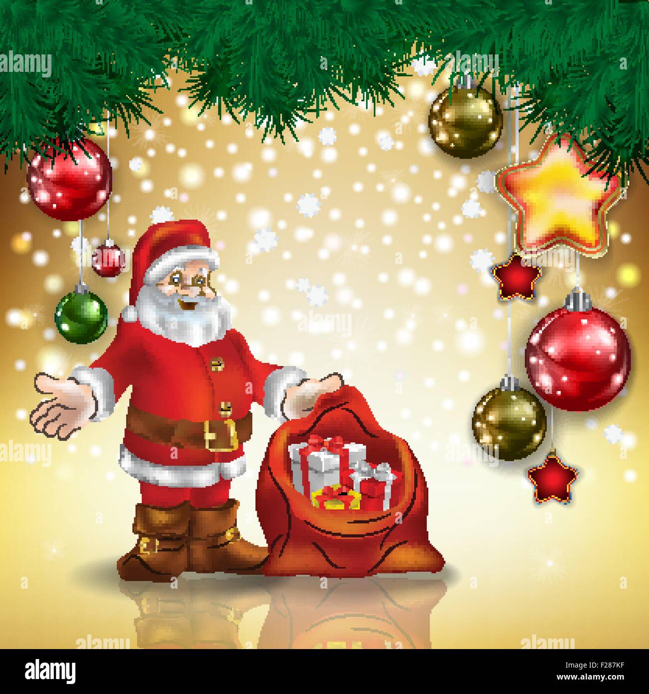 Abstrakte Gruß zu Weihnachten golden mit Santa Claus und Dekorationen Stock Vektor