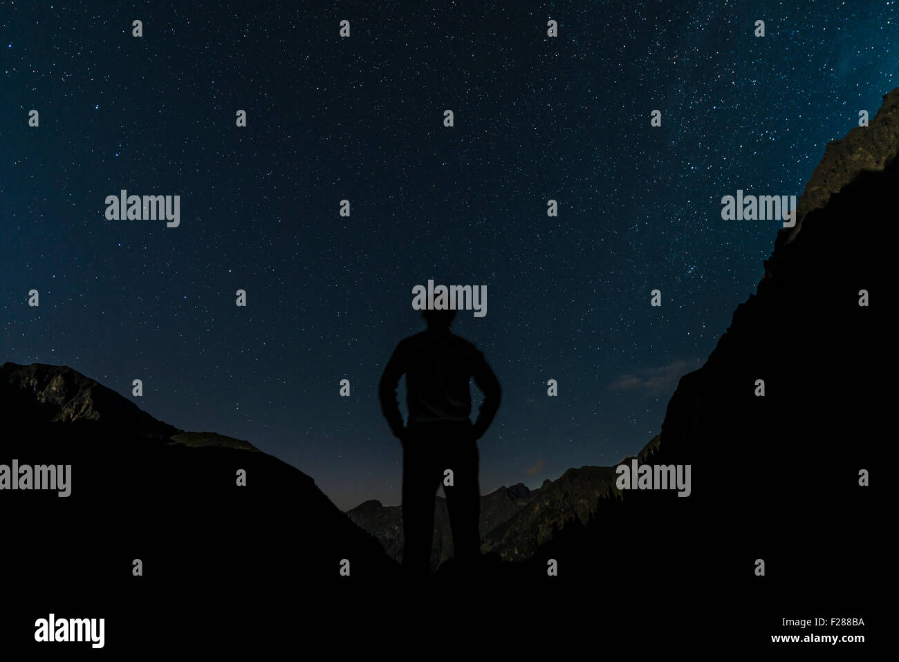 Silhouette der Person Blick auf die Sterne, Sternenhimmel in der Nacht, Rohrmoos-Untertal, Schladming Tauern, Alpen, Steiermark, Österreich Stockfoto
