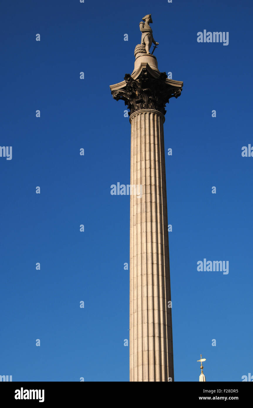 Nelson Säule (1840-1843). Entworfen von William Railton (1800-1877), wurde gebaut, um Admiral Horatio Nelson (1758-1805) zu gedenken. Korinthischen Ordnung und Dartmor Granit. Es wird durch die Craigleith Sandstein Statue von Nelson, von Edward Hodges Baily (1788-1867) gekrönt. Trafalgar Square. London. Vereinigtes Königreich. Stockfoto