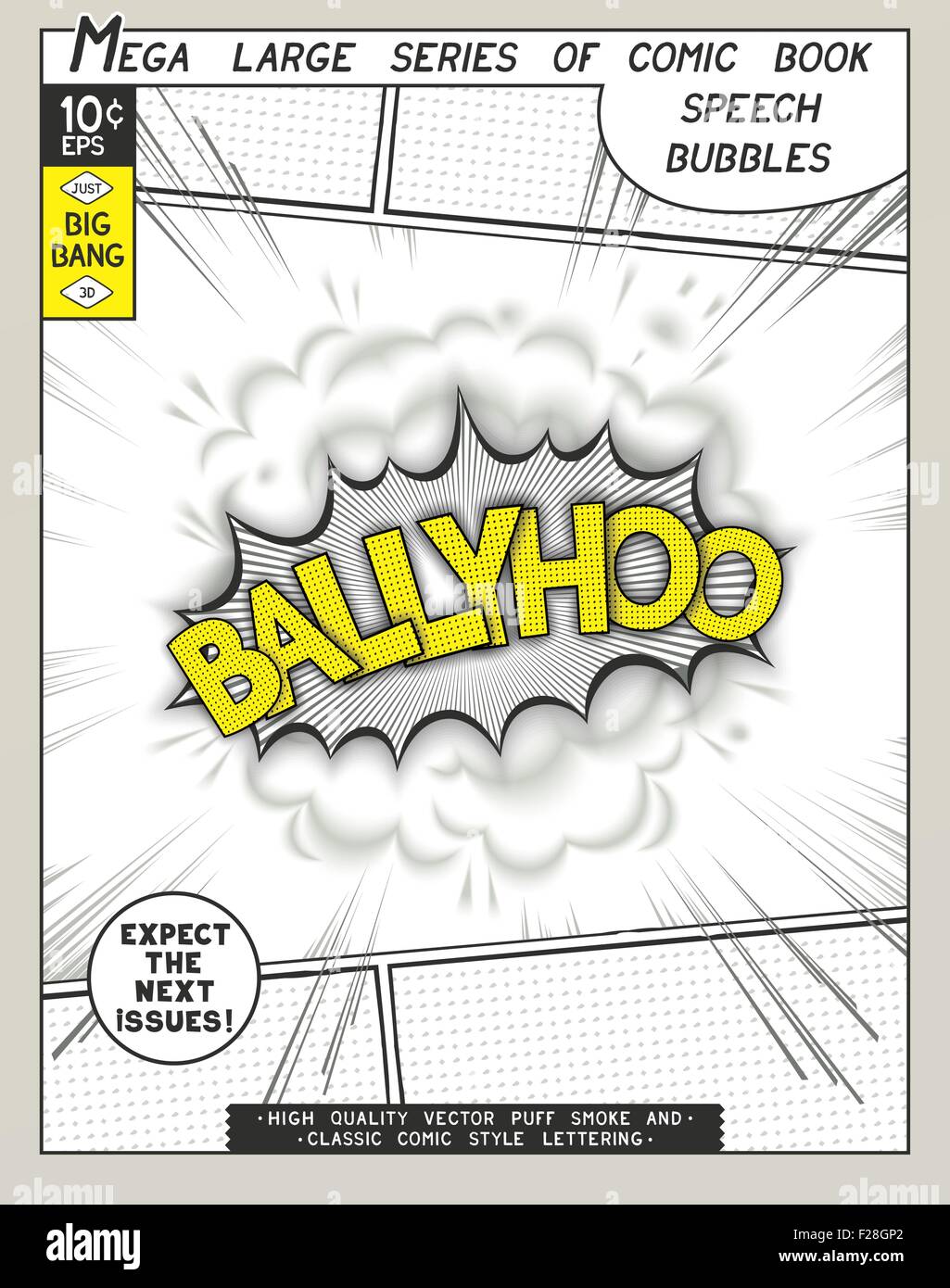Ballyhoo. Explosion im Comic-Stil mit Schriftzug und realistische bläht Rauch. 3D Vektor Pop Art Sprechblase Stock Vektor