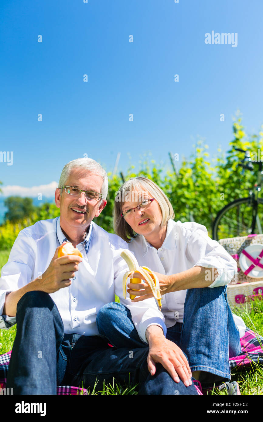 Älteres paar Obst essen und trinken am Picknick im Sommer, wunderschöne Landschaft im Hintergrund Stockfoto