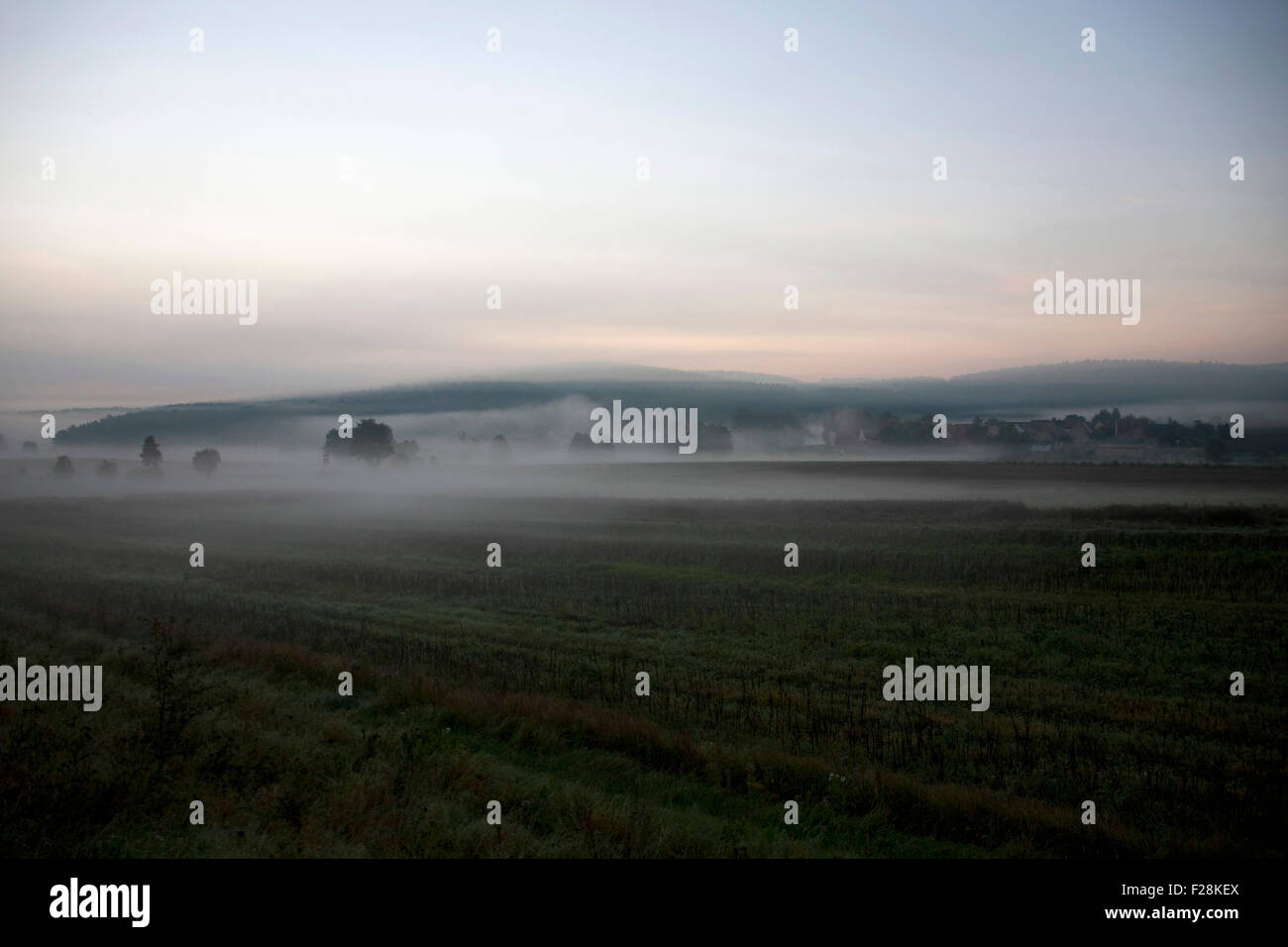 Malerische Aussicht auf den landwirtschaftlichen Bereich im nebligen Morgen, Bayern, Deutschland Stockfoto