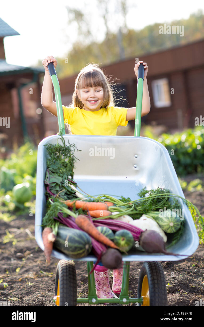 Glückliches Kind mit einer Schubkarre gefüllt Gemüse im Garten Stockfoto