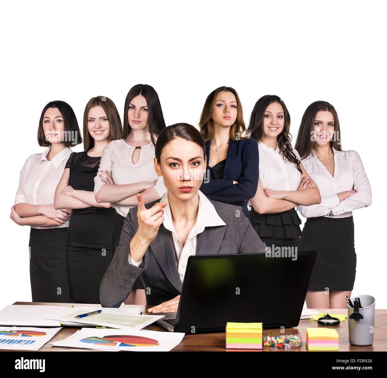 Geschäftsleute, die mit Laptop über weiße backgrond Stockfoto