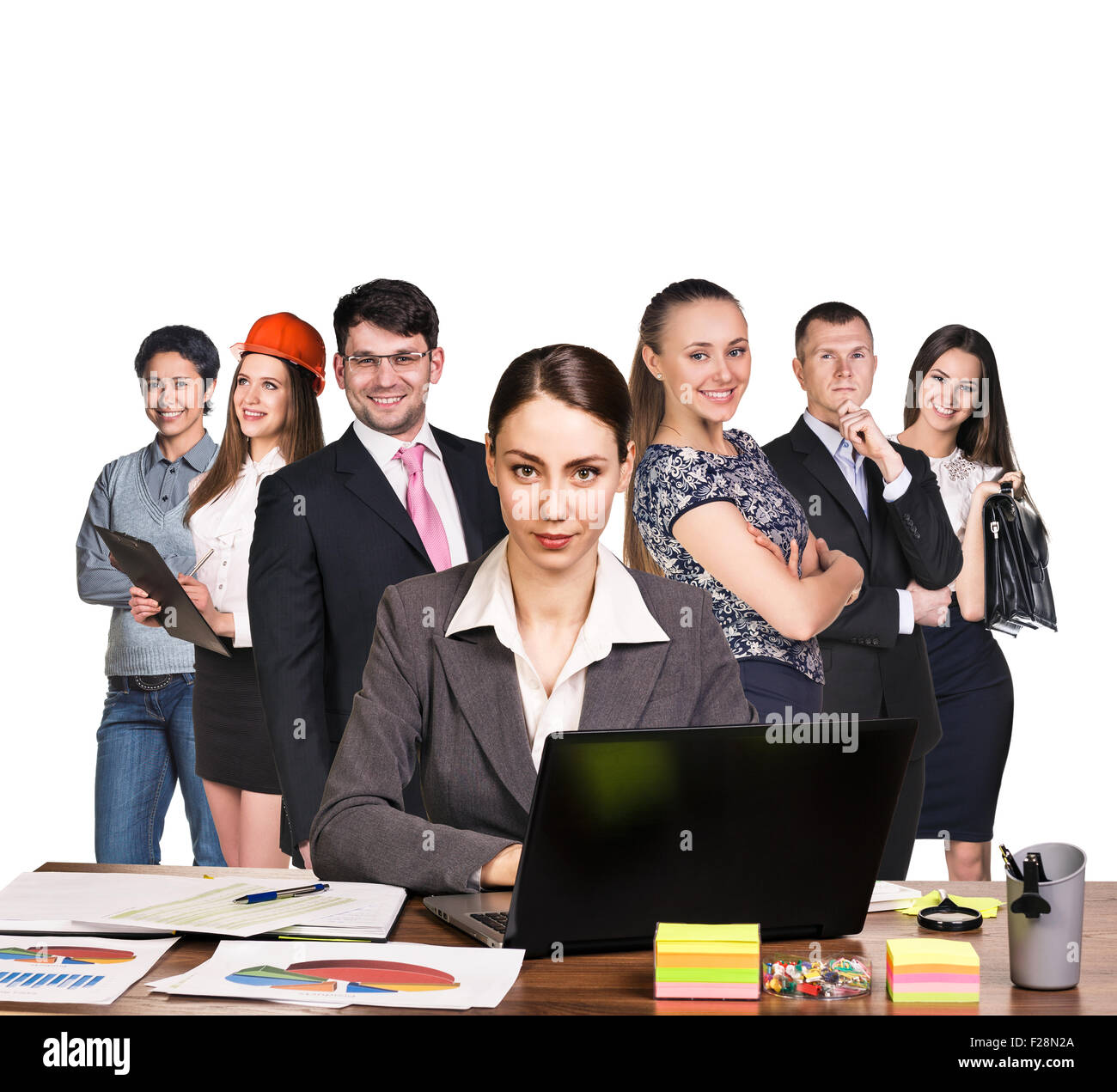Geschäftsleute, die mit Laptop über weiße backgrond Stockfoto