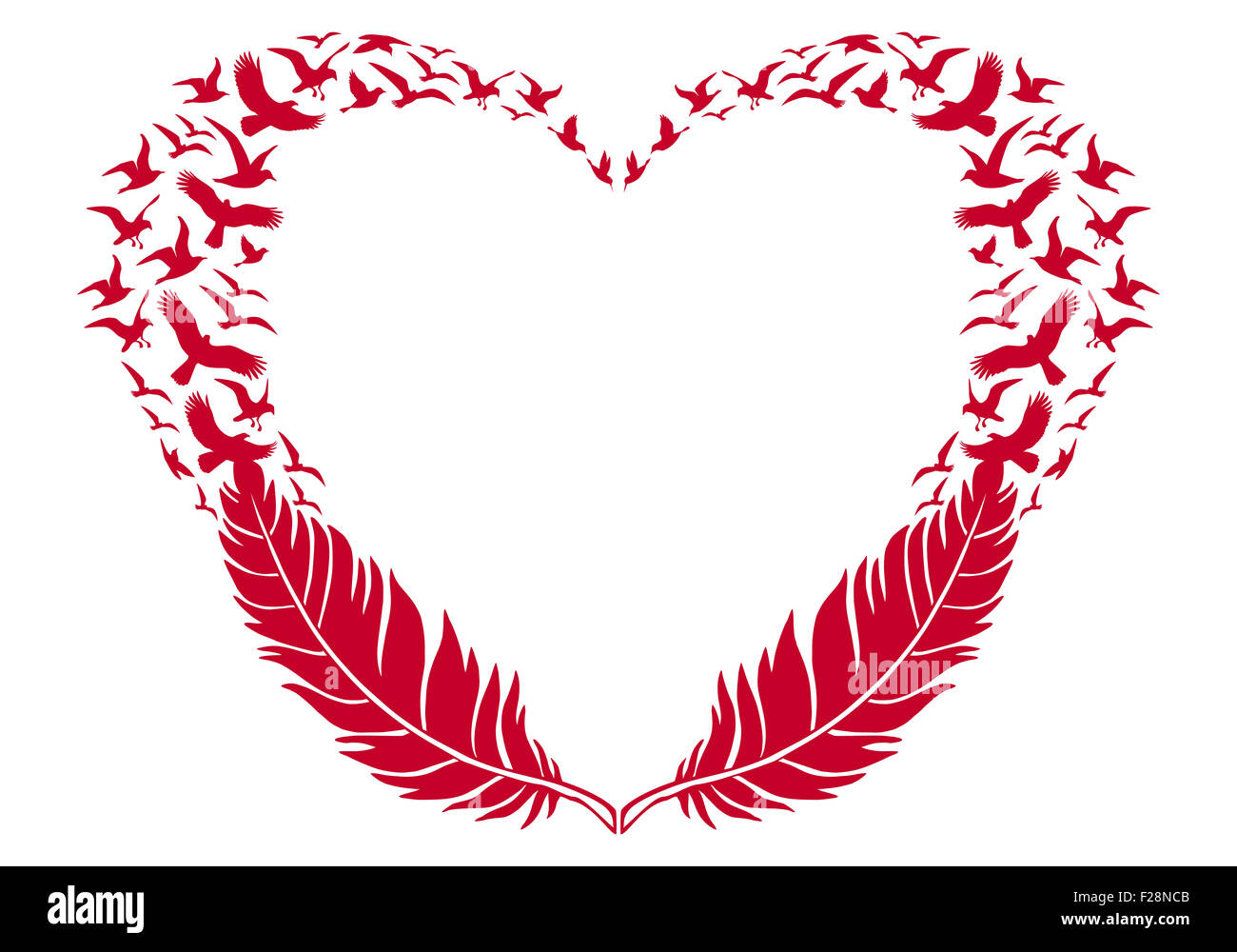 Rotes Herz mit Federn und fliegende Vögel, Vector Illustration für den Valentinstag Stockfoto