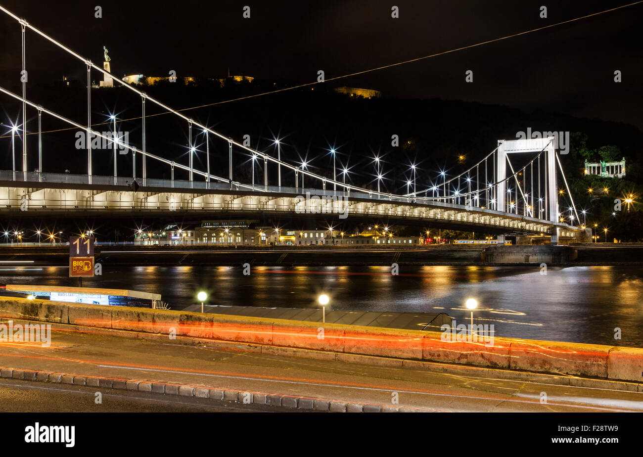 Einen schönen nächtlichen Blick auf die Elisabeth-Brücke mit der Zitadelle und der Freiheitsstatue im Hintergrund auf dem Gellertberg im Keim zu ersticken Stockfoto