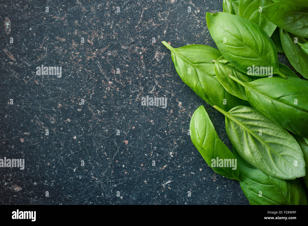 Basilikum-Blätter auf alten Küchentisch Stockfoto