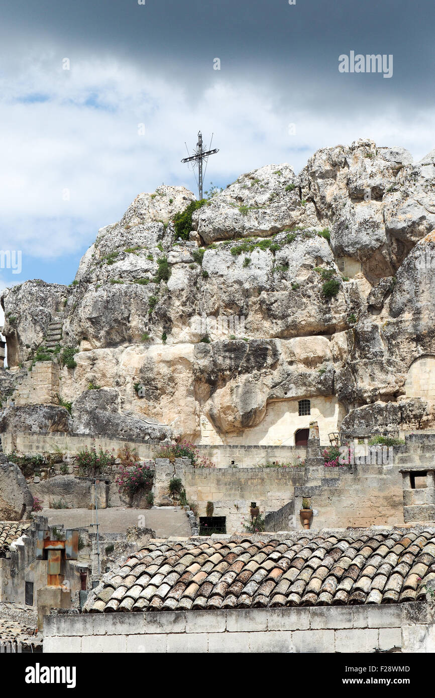 San Giovanni in Monterrone, eine Höhlenkirche in Sassi di Matera, Basilikata, Italien. Stockfoto