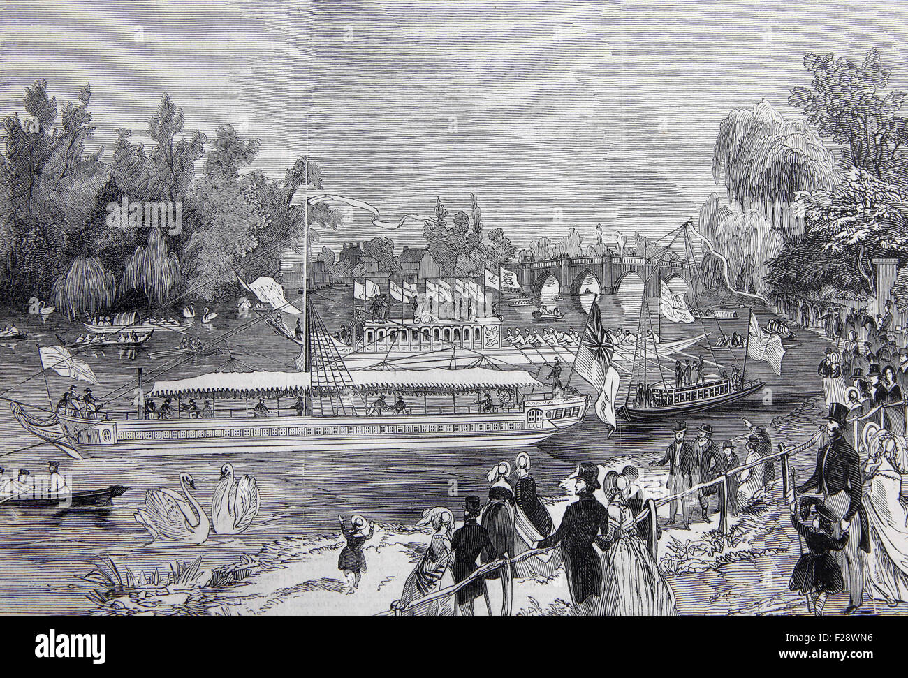 Swan-Upping auf der Themse von Brentford Ait, Illustrated London News Juli 1844; Schwarz und weiß-Abbildung; Stockfoto