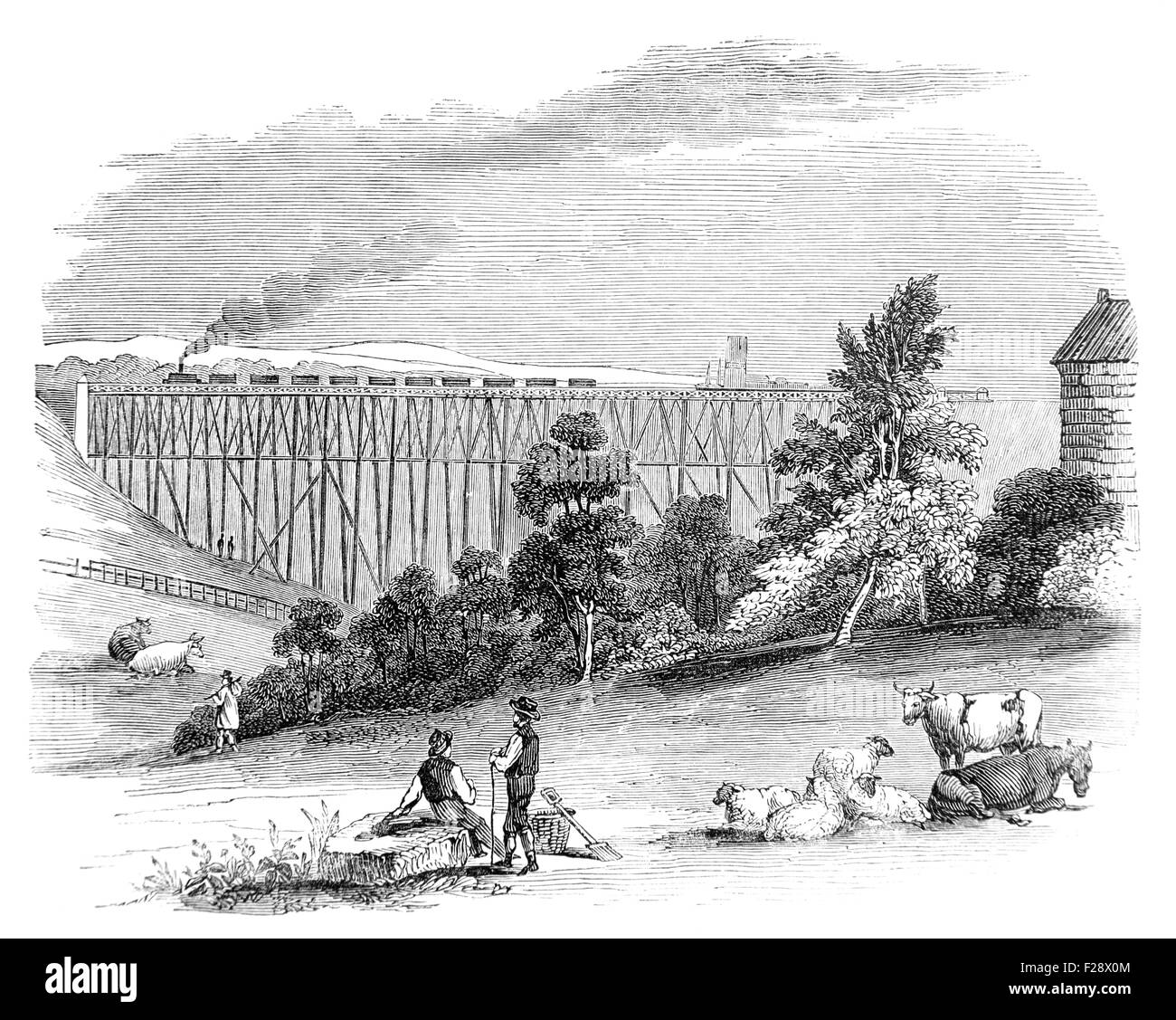 Holz Sherburn Viadukt auf der Darlington and Newcastle Railway, Illustrated London News Juli 1844; Schwarz und weiß-Abbildung Stockfoto