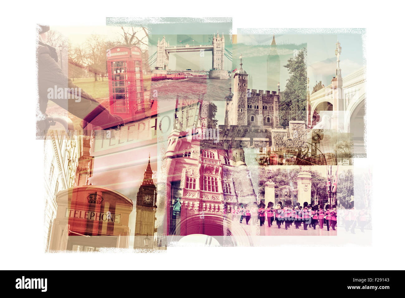 Mehrfachbelichtungen von verschiedenen Sehenswürdigkeiten in London, Vereinigtes Königreich, wie den Big Ben, die Tower Bridge, der Tower of London Stockfoto