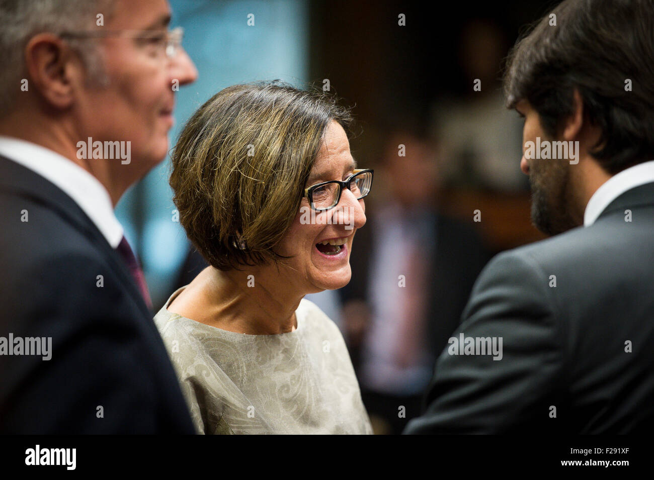 Brüssel, Bxl, Belgien. 14. Sep, 2015. Österreichische Innenminister Johanna Mikl-Leitner vor außergewöhnlichen Justiz und Inneres auf Einwanderung Krise beim Europäischen Rat am Hauptsitz in Brüssel, Belgien auf 14.09.2015 von Wiktor Dabkowski © Wiktor Dabkowski/ZUMA Draht/Alamy Live News Stockfoto