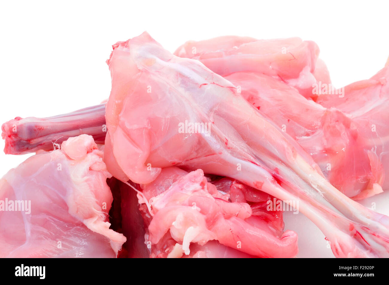 Nahaufnahme von einigen Stücken von Kaninchenfleisch auf weißem Hintergrund Stockfoto