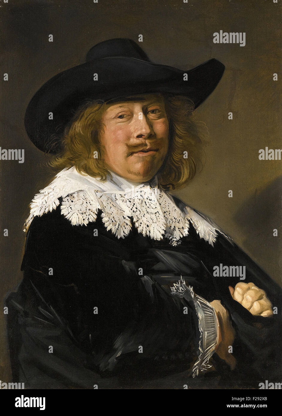Frans Hals - Portrait eines Edelmannes, halblängen in schwarz mit Spitzenkragen und Manschetten und trägt einen breiten schwarzen Hut mit Krempe Stockfoto