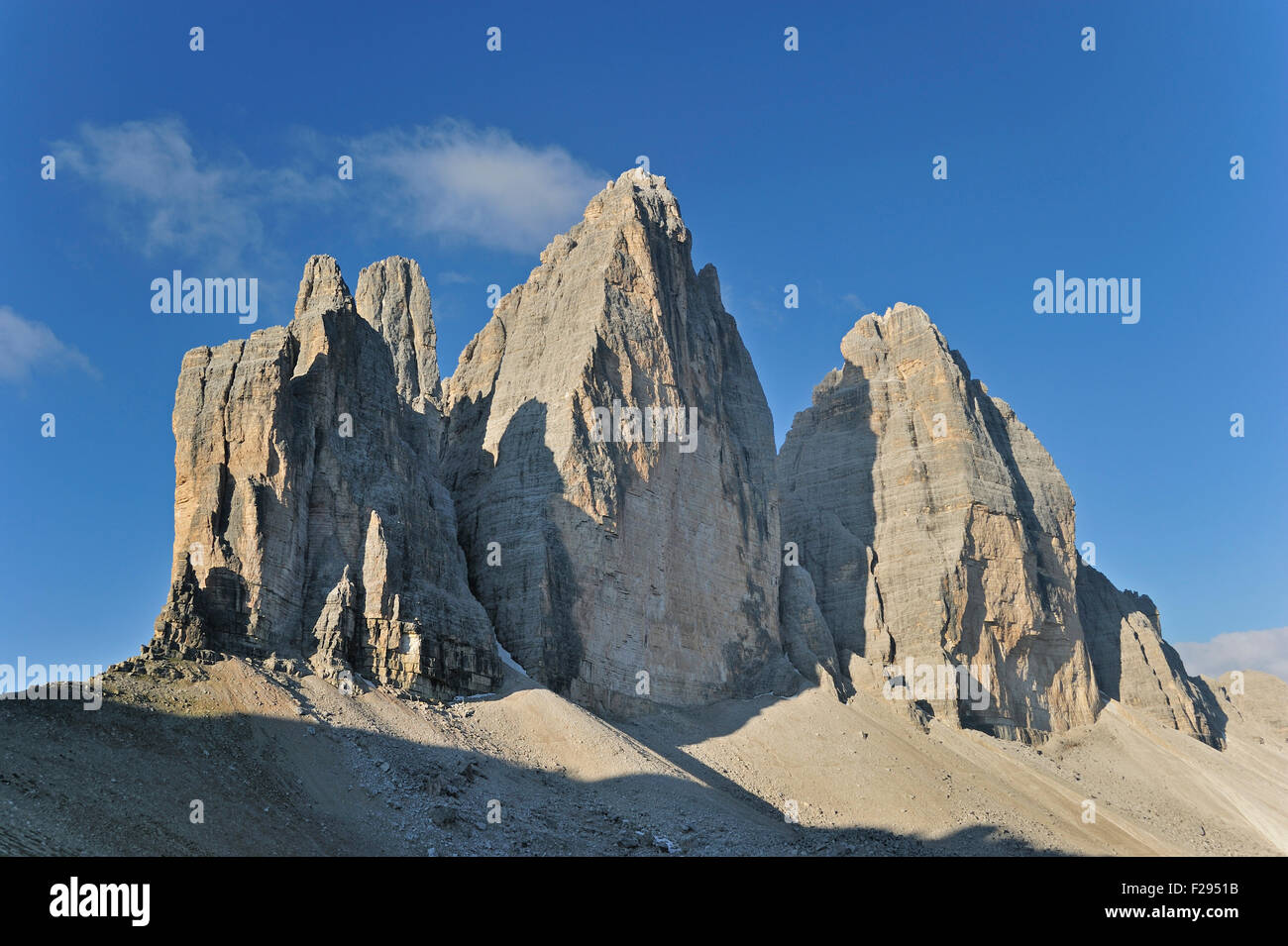 Tre Cime di Lavaredo / Drei Zinnen, Sextener Dolomiten / Sexten Dolomiten, Südtirol, Italien Stockfoto