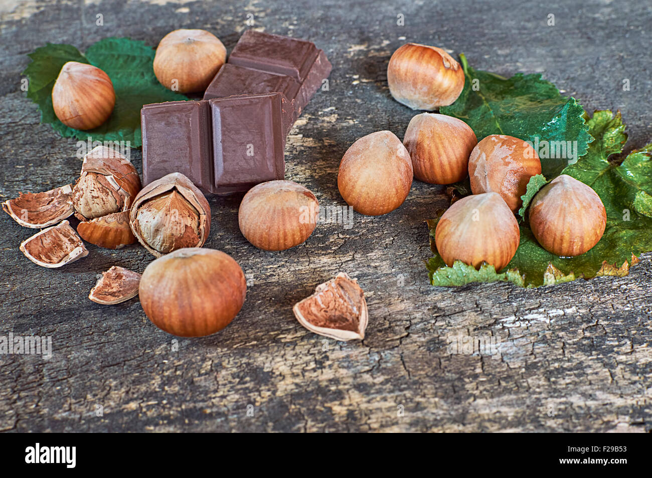 Frische braune Haselnuss auf Holztisch mit Schokolade. Selektiven Fokus Stockfoto