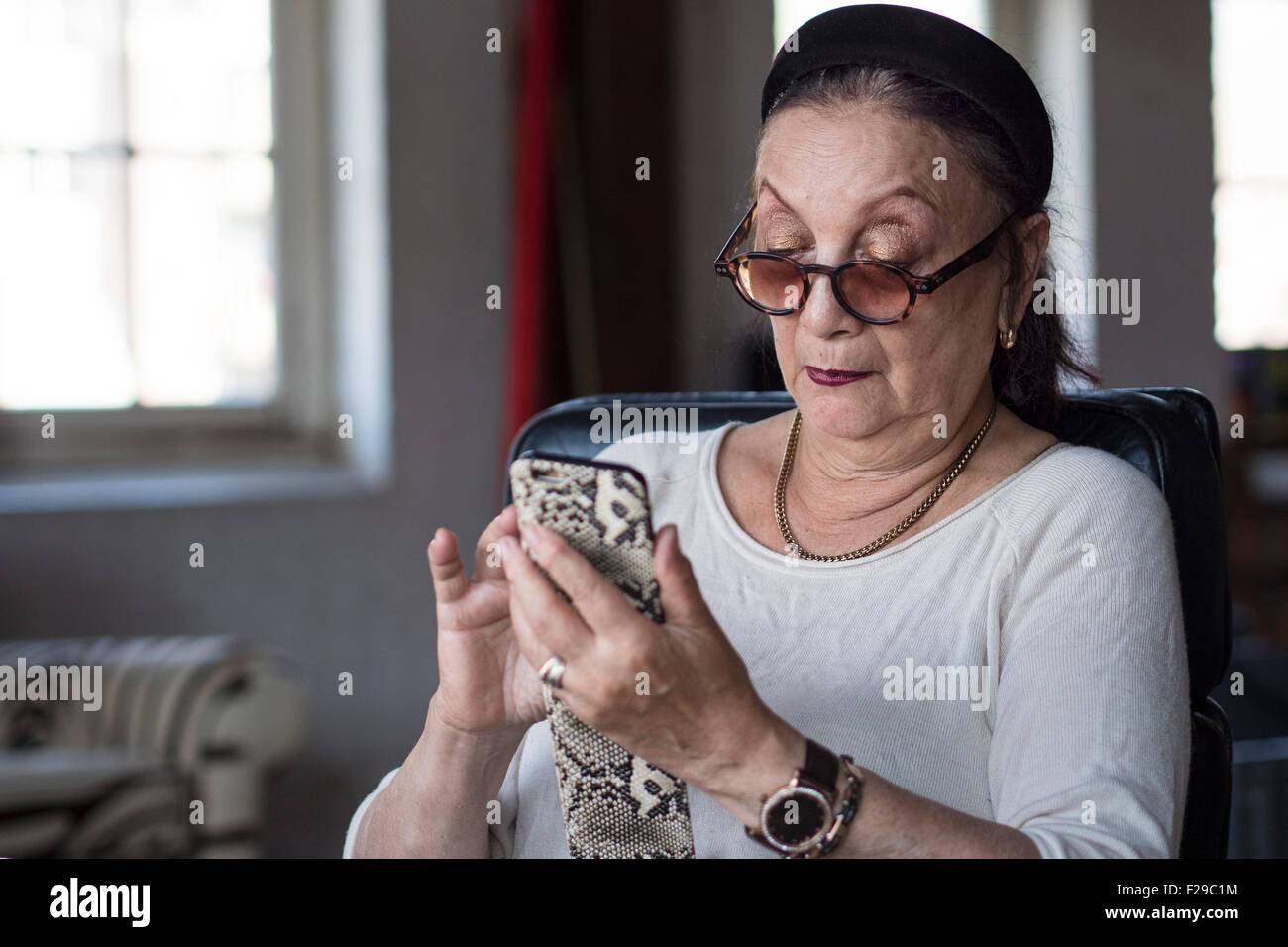 Porträt von Senioren, die mit ihrem Smartphone Stockfoto