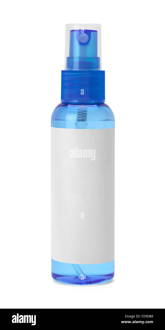 Kleine blaue Sprühflasche mit textfreiraum Isolated on White Background. Stockfoto