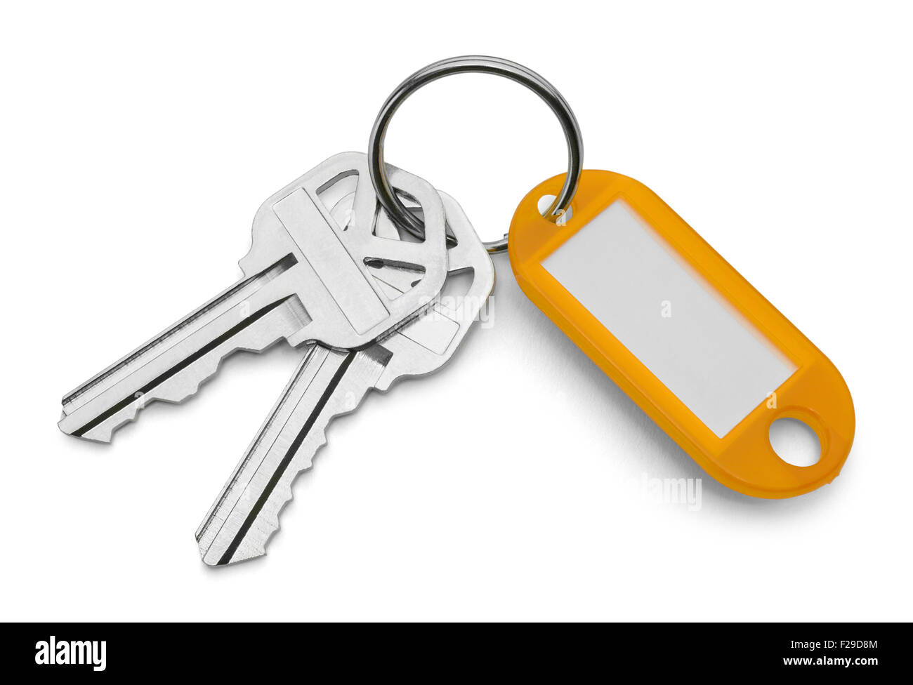 Gelben Schlüsselanhänger Tag und Schlüssel, Isolated on White Background. Stockfoto