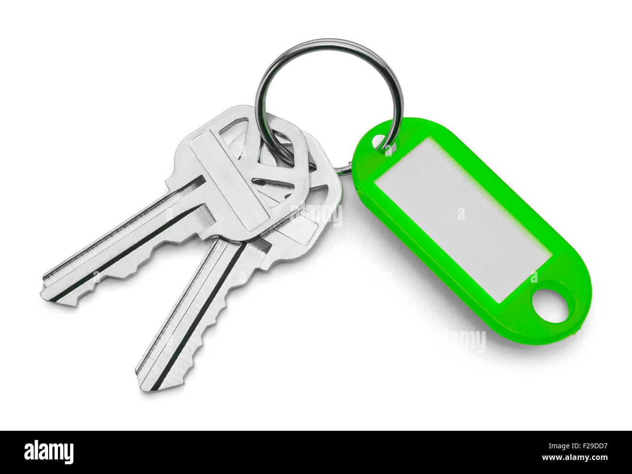 Grüne Schlüsselanhänger Tag und Schlüssel, Isolated on White Background. Stockfoto