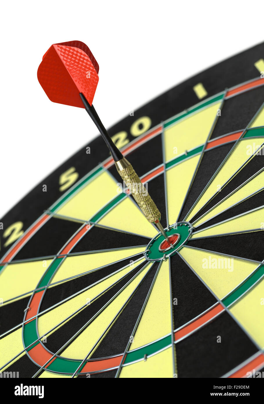 Einzelne Dart im Bullseye on White Background. Stockfoto