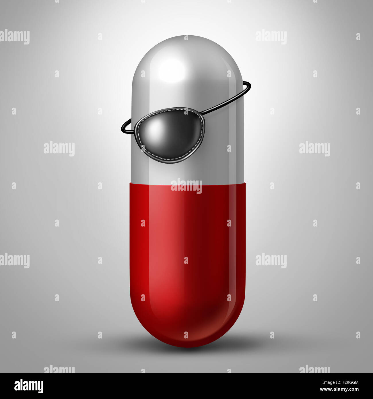 Illegale pharmazeutische Medizin-Konzept als verschreibungspflichtige Kapsel Pille trägt einen Piraten Augenklappe oder Augenklappe als Symbol für kriminelle ärztliche Tätigkeit. Stockfoto