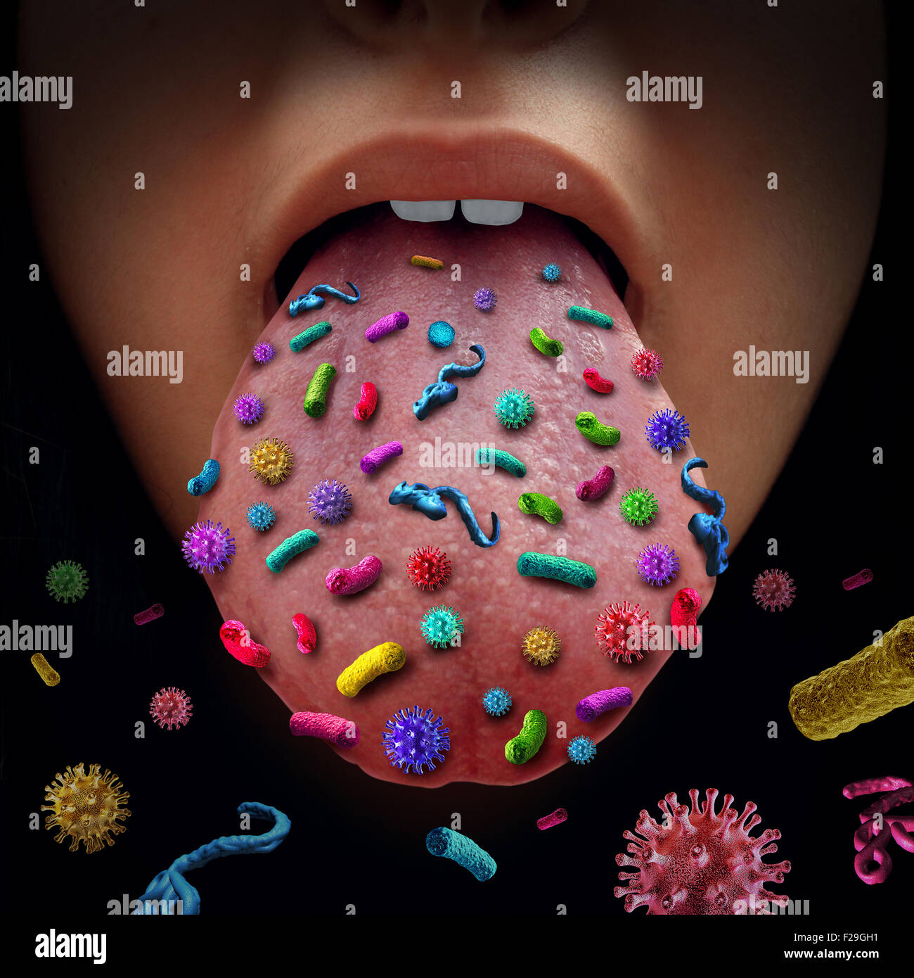 Mund-Keime und ansteckende Krankheit, die Übermittlung einer Virus-Infektion mit offenem menschlichen Mund gefährliche infektiöse Keime verbreiten Stockfoto