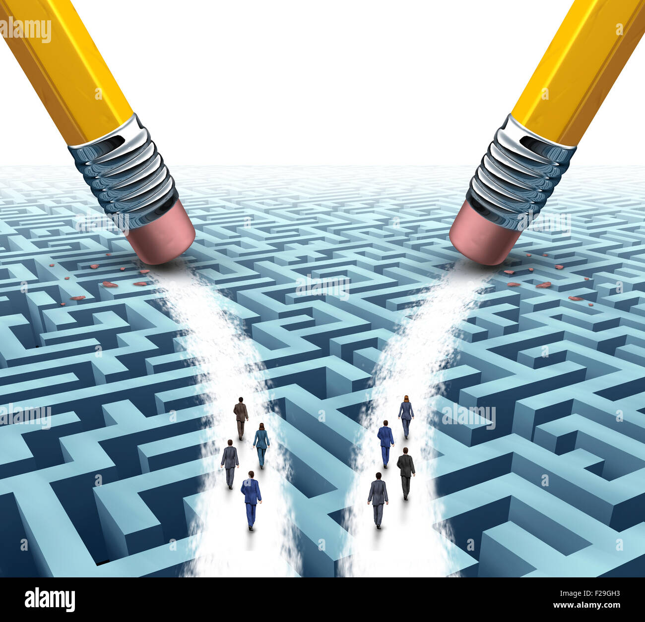 Business Team Lösung Wahl als zwei unterschiedliche Gruppen von Mitarbeitern auf einem Irrgarten oder Labyrinth auf offenen Pfaden von Bleistift Radiergummis als Metapher für die Beschäftigungsmöglichkeiten für die Rekrutierung von Unternehmen gemacht. Stockfoto