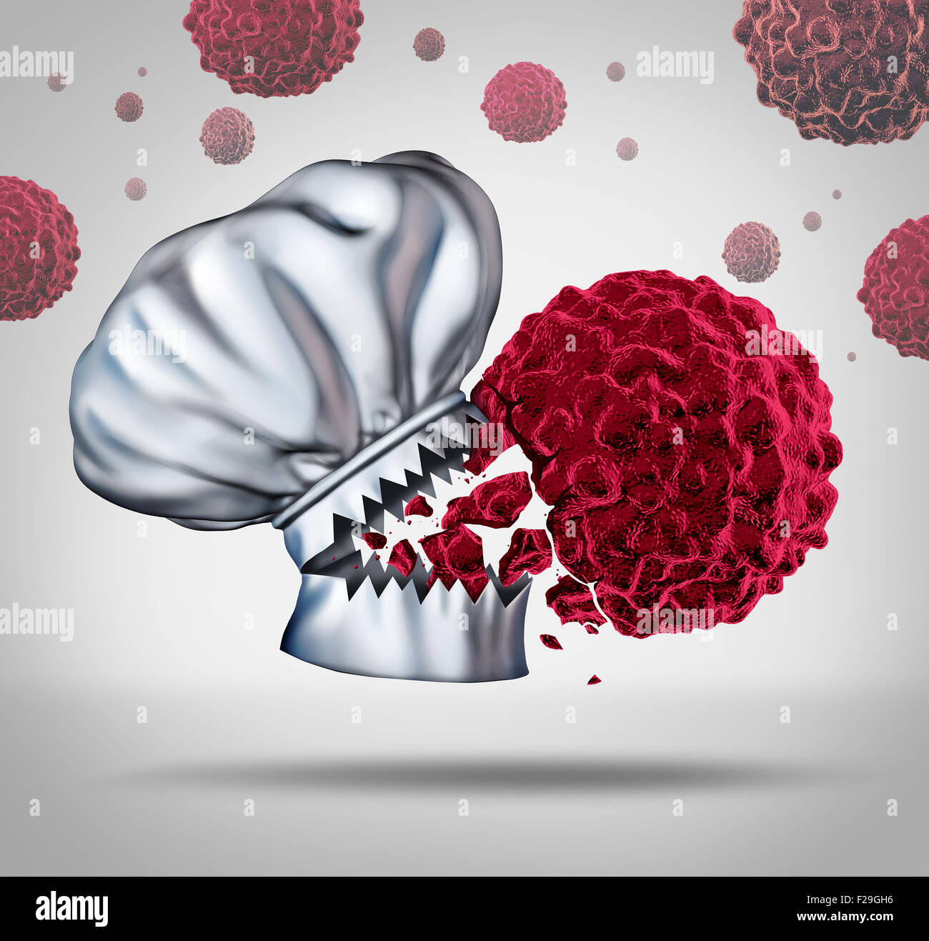 Krebs Ernährung und gesunde und nahrhafte Rezepte als Koch Hut mit offenem Mund und scharfe Zähne beißen in und zerstören eine krebsartige Malignat Zelle als medizinische Gesundheitsversorgung Symbol für medizinische Ernährung. Stockfoto